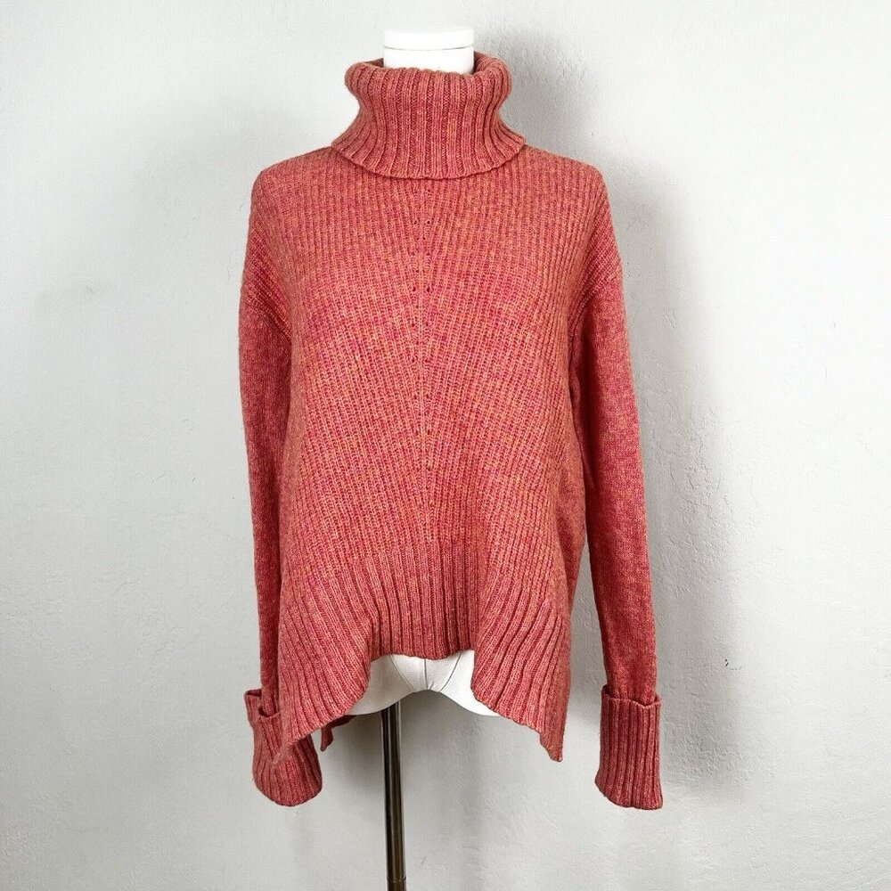 Anthropologie Sweater Moth Turtleneck Curved Hem Ribbed Cuff Pink Orange Size S